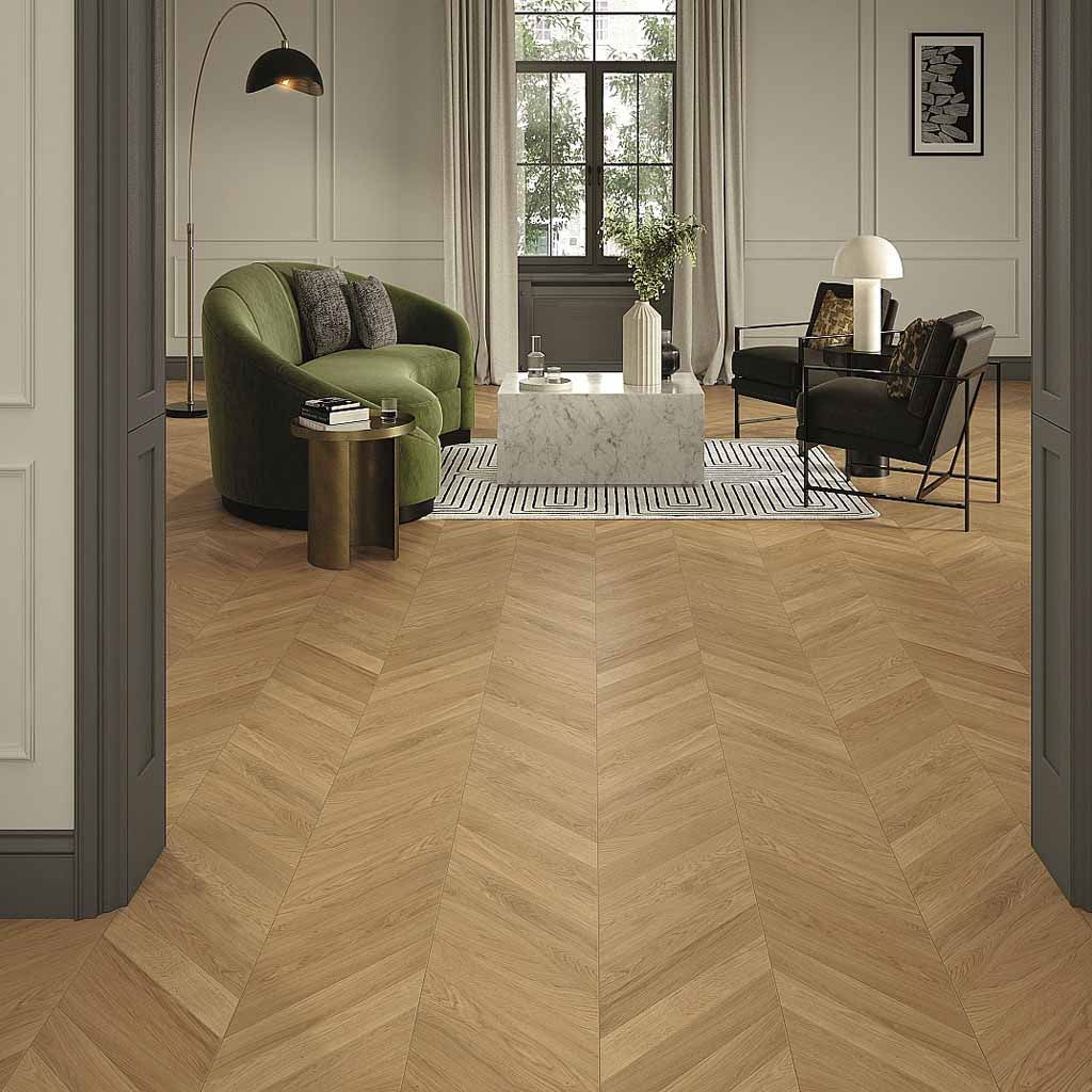 Roble Natur al Barniz Mate - Madera Punta Hungría Parador Trendtime 10 Chevron - Ambiente Salón